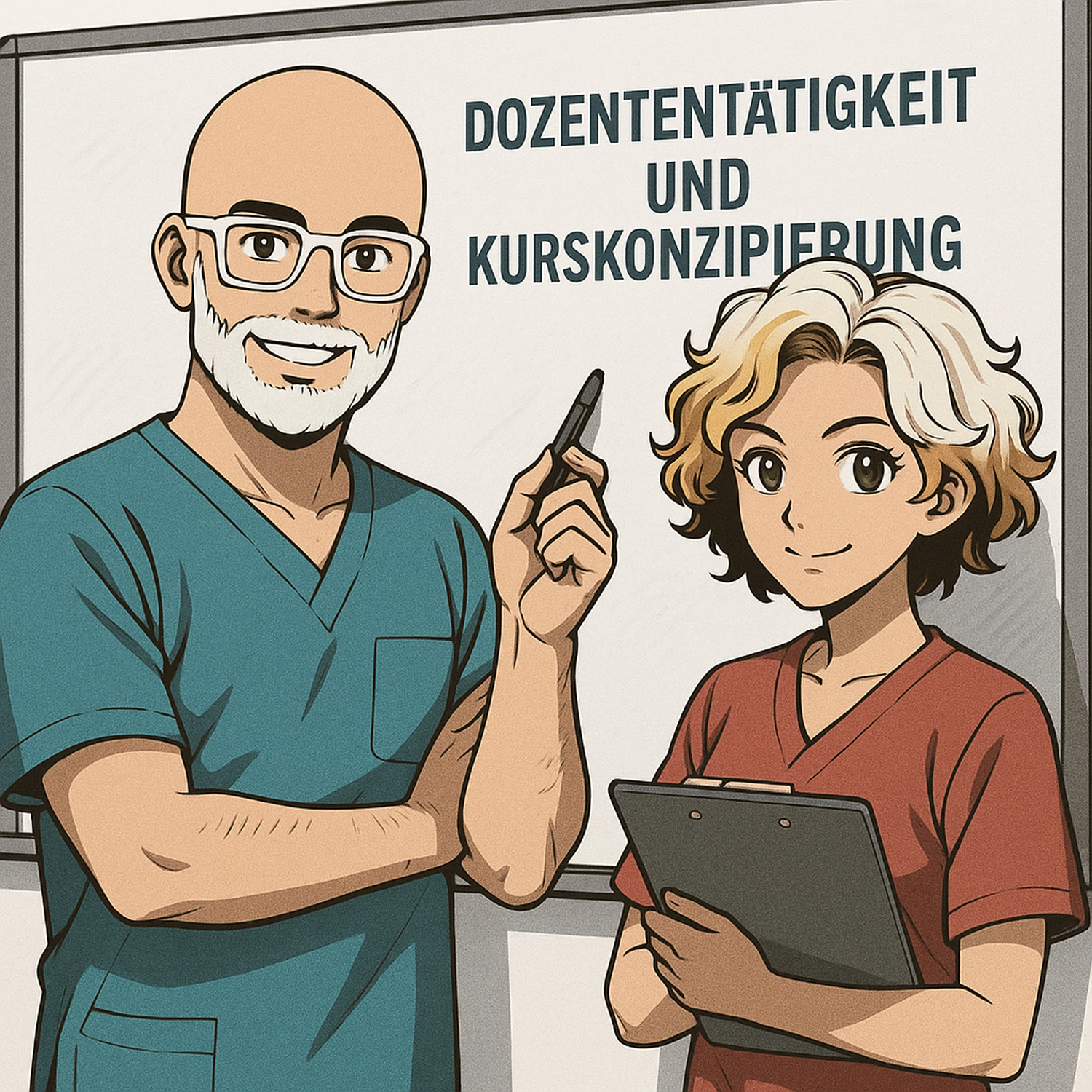 DNO – Der Fachdozent – ​​zwei Comicfiguren, wahrscheinlich Mediziner oder Pädagogen, stehen vor einem Whiteboard mit deutschem Text darauf. T