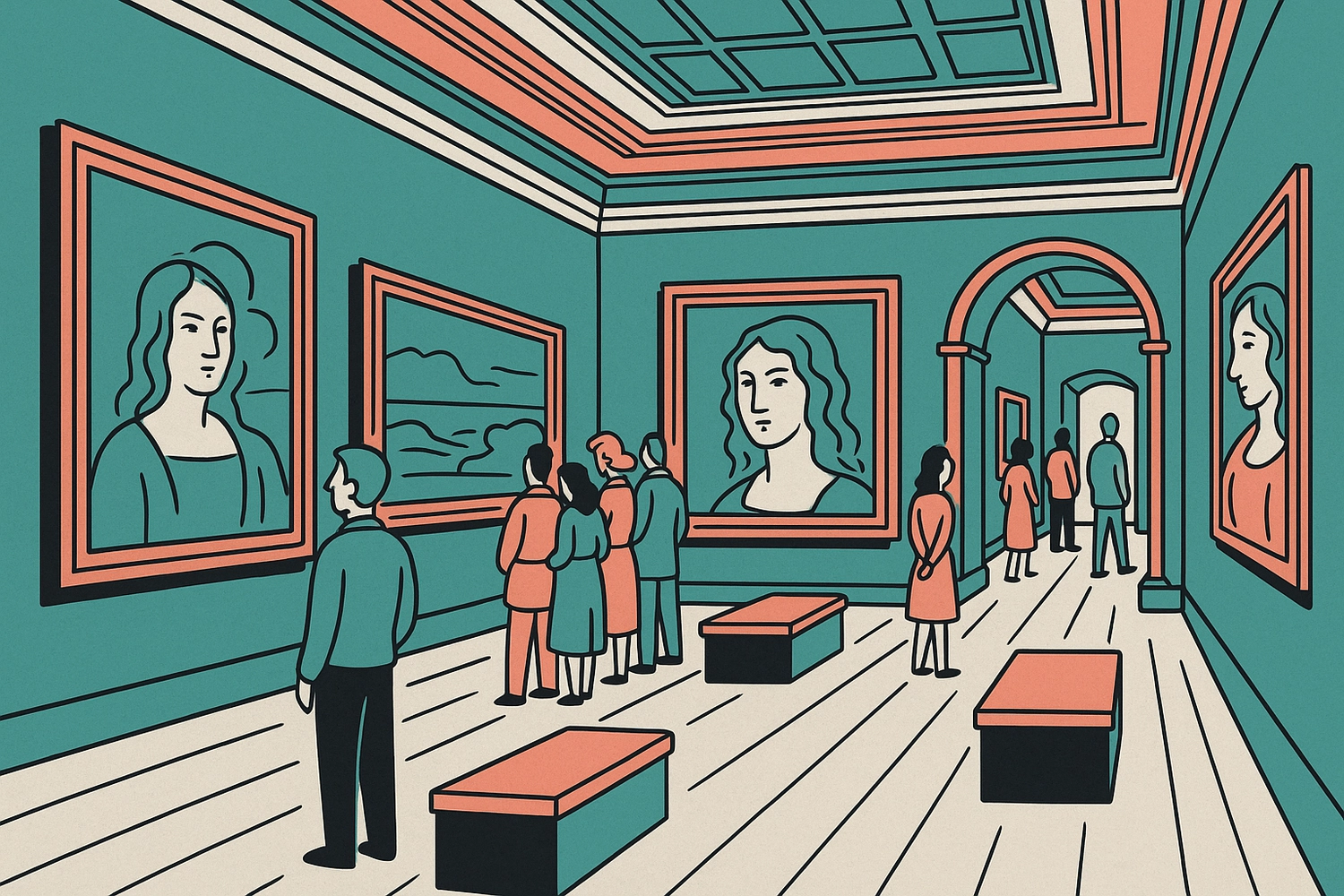 DNO – Der Fachdozent – ​​Menschen, die ein Kunstmuseum oder eine Galerie besuchen. Es handelt sich um eine Illustration, die Besucher zeigt, wie sie in einer Galerie verschiedene Kunstwerke betrachten.