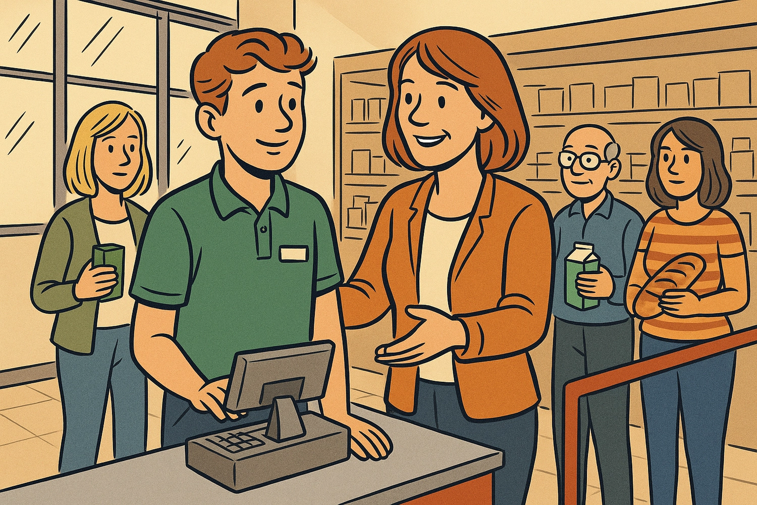 DNO – Der Fachdozent – ​​eine Illustration, die eine Szene in einem Lebensmittelgeschäft oder Supermarkt zeigt.