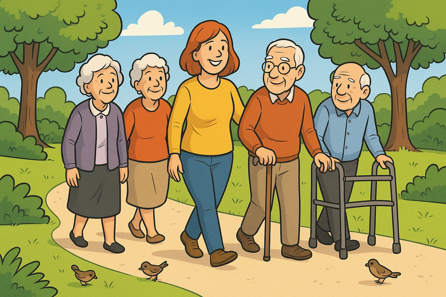 DNO – Der Fachdozent – ​​​​eine Cartoon-Illustration, die eine Gruppe von Senioren zeigt, die mit einer jüngeren Person, wahrscheinlich einer Pflegekraft oder einem vertrauten, einen Spaziergang im Freien genießen.
