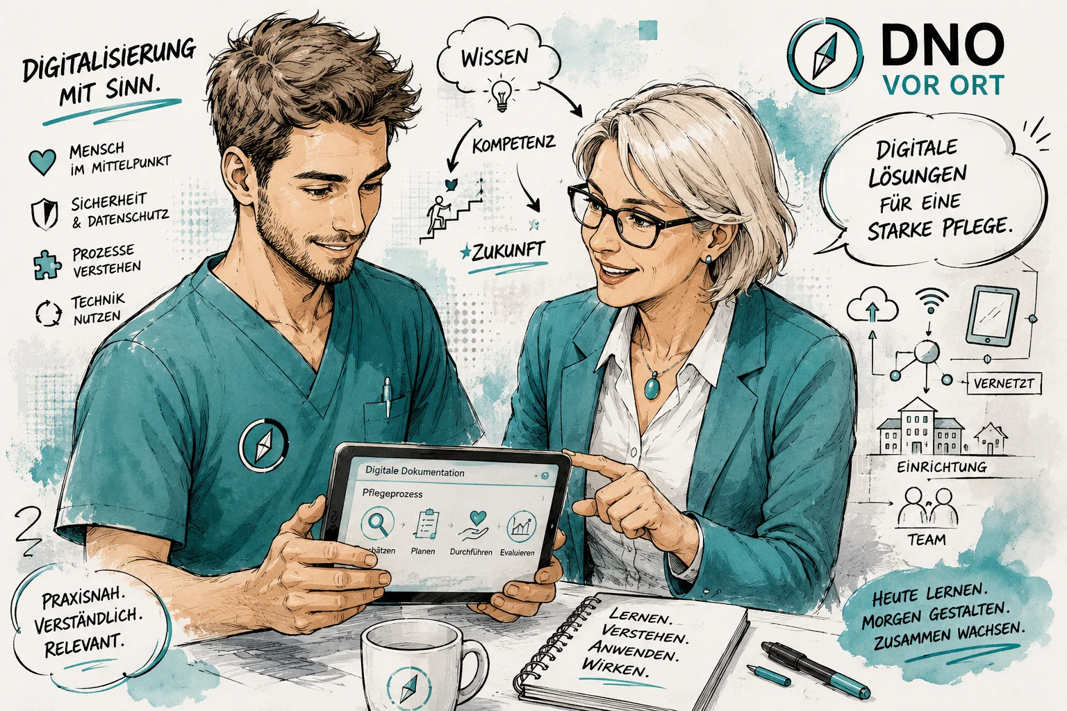 Digitale Pflegedokumentation gemeinsam am Tablet
